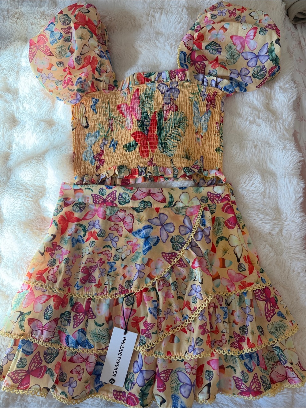 Butterfly Print Yellow Two-Piece Dress Set